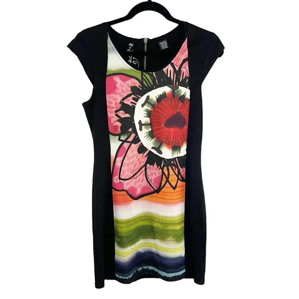 Desigual Black & Colorful Abstract Floral Sleeveless Dress Women's Size Small